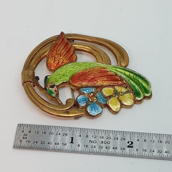 * vintage antique enamel over brass Bird of Paradise art deco pin brooch - Picture 2 of 5